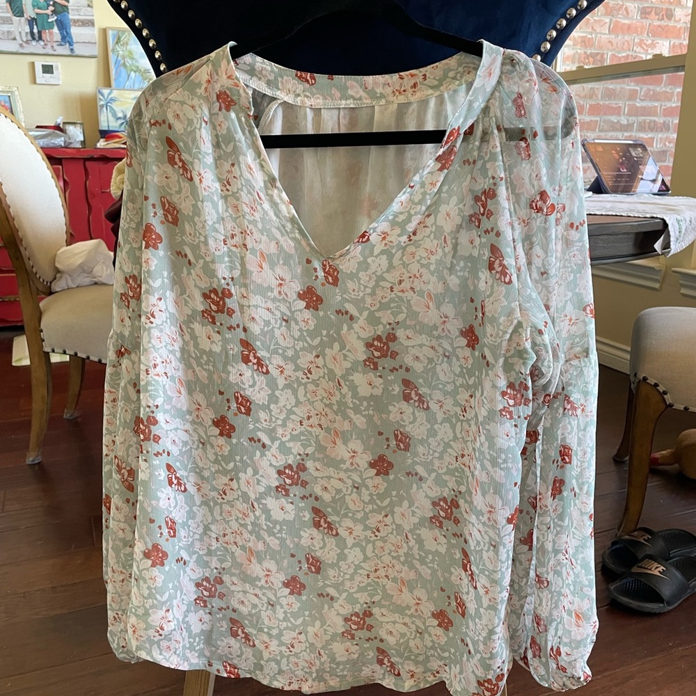 Floral V-Neck Blouse - Green and Red